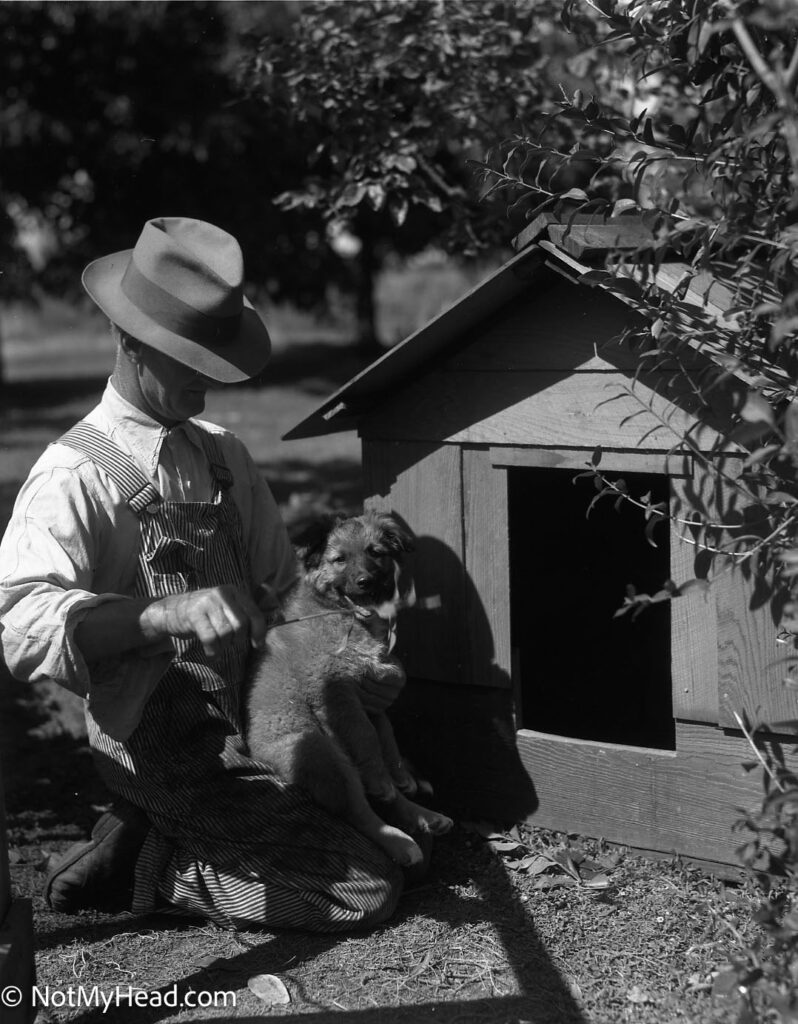 Photo of: Aunt Maggie, Uncle Ralph RIchey & Dog Reno Aug, 1935 Hollister  Date: 1935 Location:  Hollister California USA