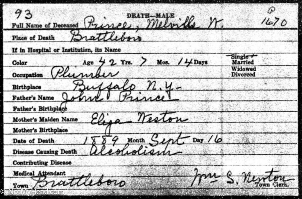 Photo of: Melville Weston Prince, Death Certificate, 1889. Cause: Alcoholism  Date: 1889-09-16 Location:  Brattleboro  USA