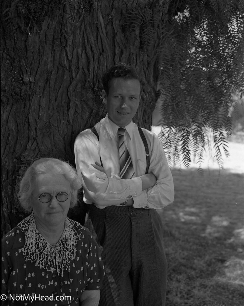 Photo of: Hollister folks, Aunt Addie (Richey-Thaysen), Hans, Nancy July 16, 1939  Date: 1939 Location: Santa Ana Road Hollister California USA