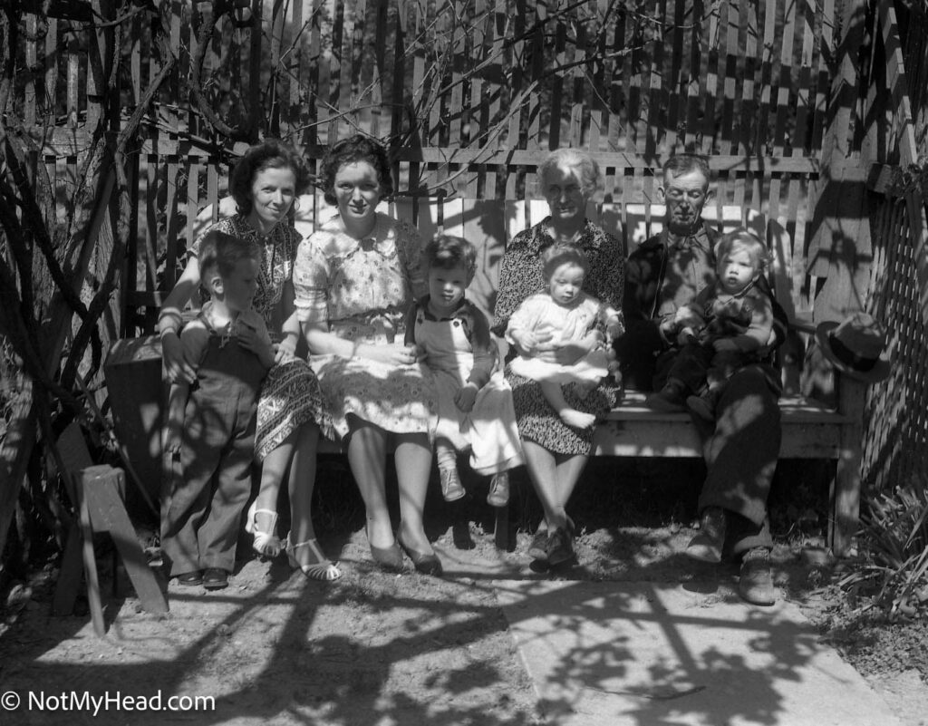 Photo of: Home folks & Morris family Hollister May 8, 1938  Date: 1938-05-08 Location: Santa Ana Road Hollister California USA