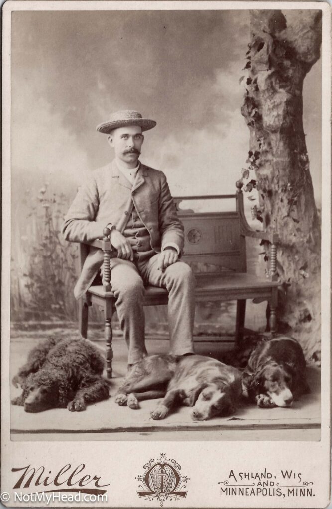 Photo of: John Rogers Prince Sr. and his dogs  Date: 1890 Location:  Ashland Wisconsin USA