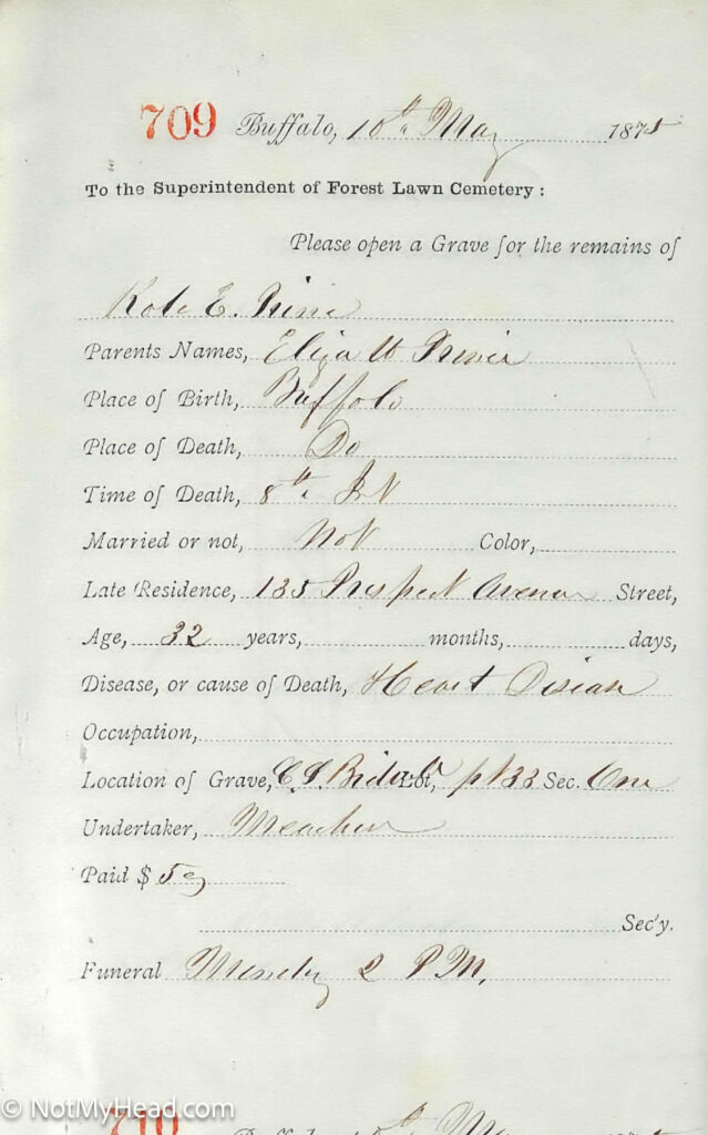 Photo of: Kate E. Prince, Burial Card, 1875  Date: 1875-05-10 Location: Forest Lawn Cemetery Buffalo New York USA