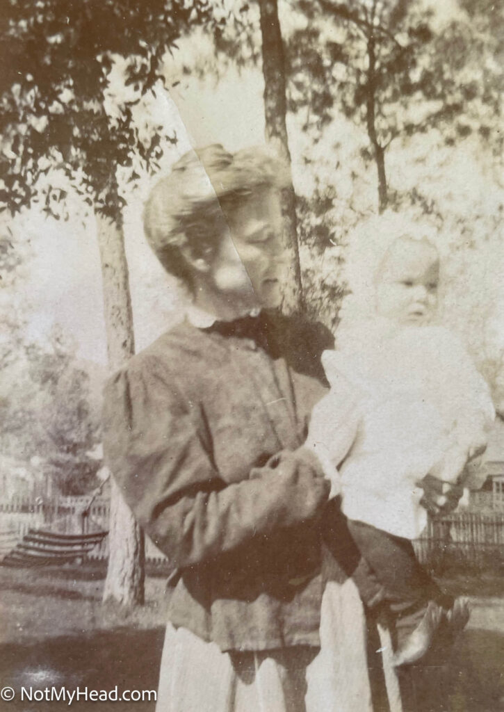 Photo of: Maude Mitchell Prince and a Prince Baby. From old albums at the Prince Family Reunion, 2023  Date: 1910 Location:    USA