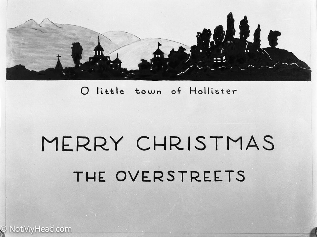 Photo of: Mom's Xmas Card Dec 1938 Hollister skyline  Date: 1938 Location:  Hollister  USA