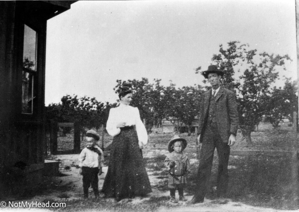 Photo of: Roy, Mom, Frank and Pa: down on the farm  Date:  Location:  Hollister California USA