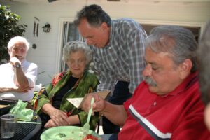Photo of: Ralph Prince, Richard Overstreet & Jill Dejean, Arnolf Dejean File: Overstreet Reunion 2004-61.jpgDate: 2004-07-19Location: El Cerrito California