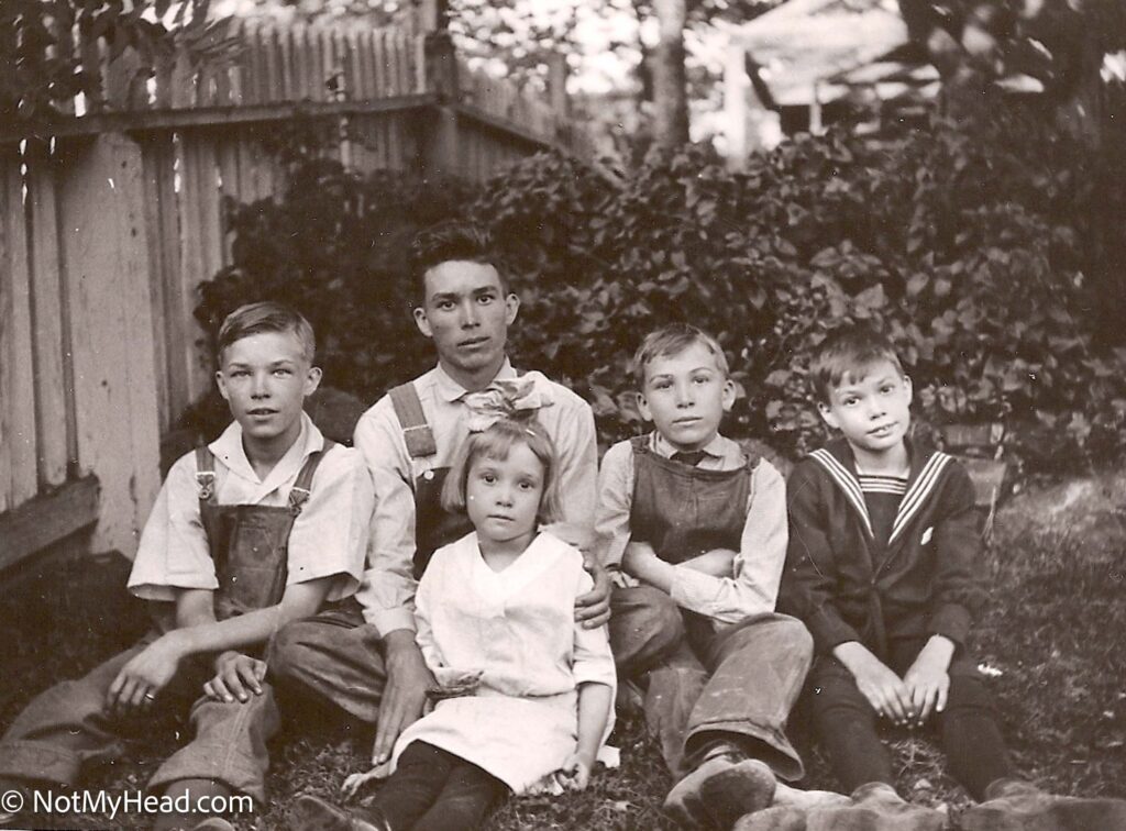 Photo of: L/R: Jack, Eugene, Lucy, Guy, Dick  Date: 1915 Location:  Tuolumne California USA