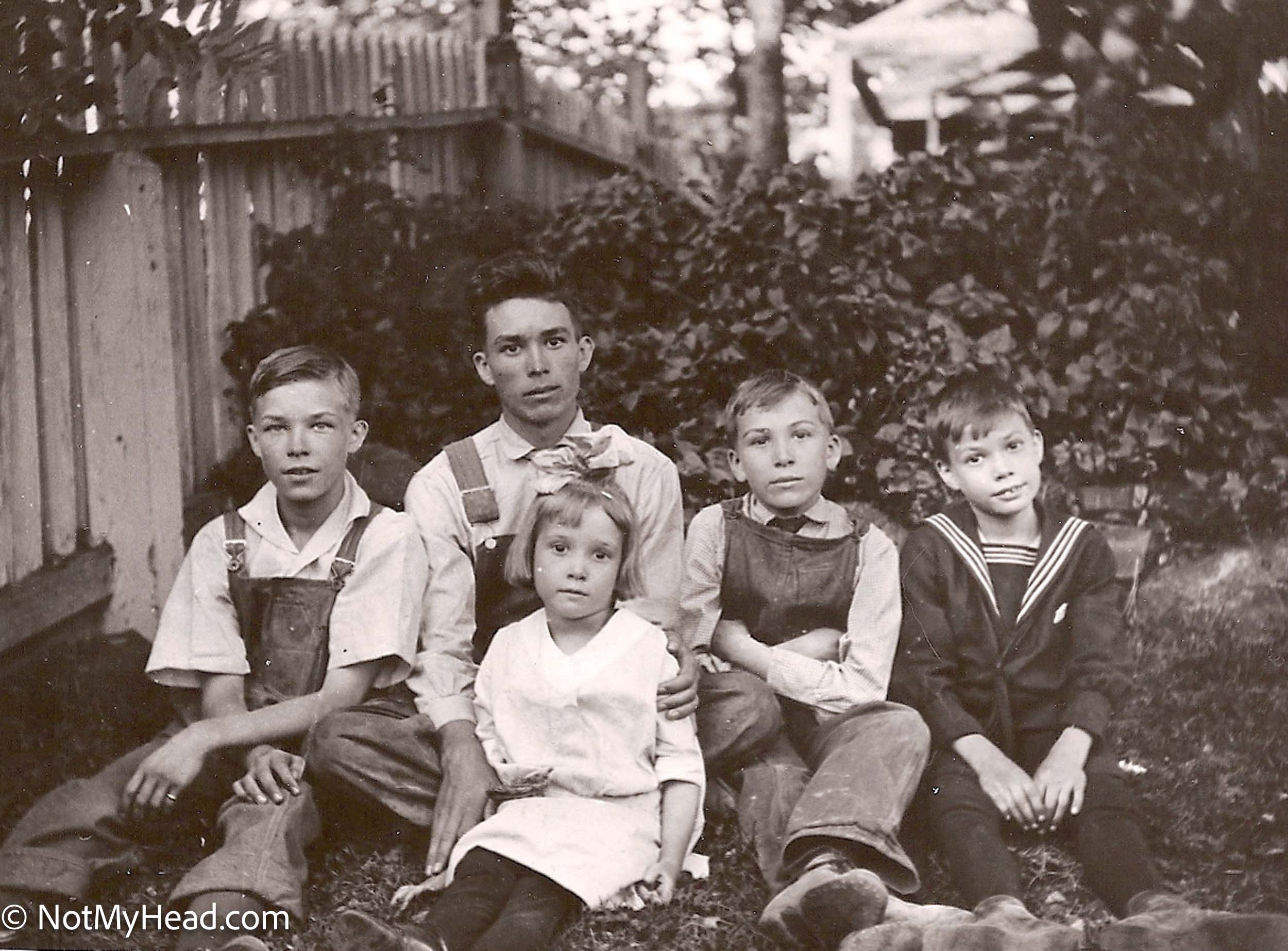 Photo of: L/R: Jack, Eugene, Lucy, Guy, Dick Date: 1915Location:  Tuolumne California USA