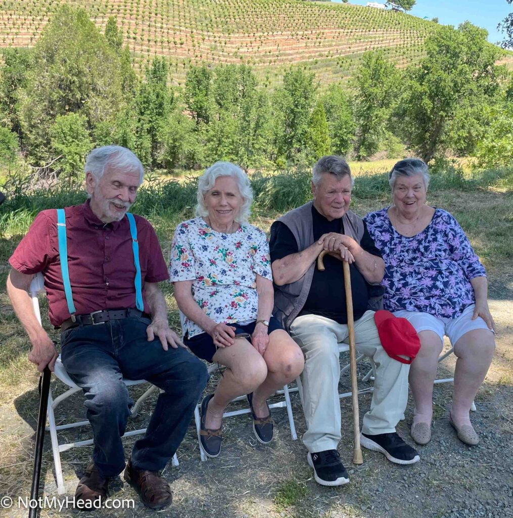 Photo of: Prince Family Elders: Ralph Sandy, Dick, Laura Lee, and Pupper  Date: 2023-05-21 Location: Gold Country   USA