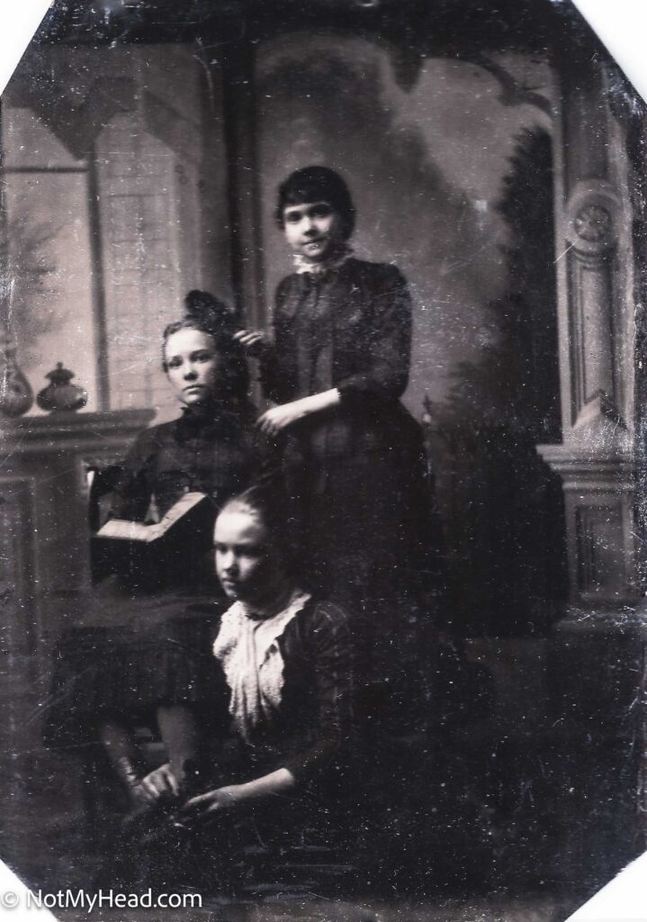 Photo of: Cousins: Clara Audita Mitchell, Maude Elizabeth Mitchell, Ella Borden  Date: 1880 Location:  Plainfield Wisconsin USA