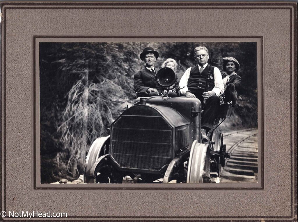 Photo of: Road-Rail Car Ride, Front: Mr. Hanlon, Dr. Frank P. Nourse. Back: Maude Prince, Mrs. Lois Beach Nourse.   Date: 1910 Location:  Tuolumne California USA